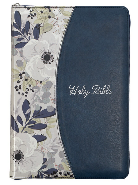 KJV The Holy Bible Large Print Thinline Bible Blue Pearlized Floral Faux Leather