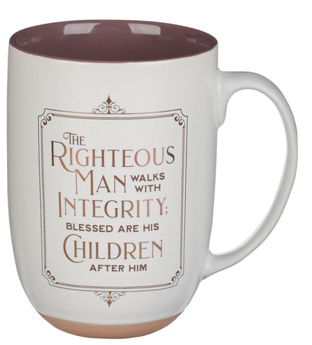 Righteous Man White and Gold Ceramic Coffee Mug with Exposed Clay Base - Proverbs 20:7