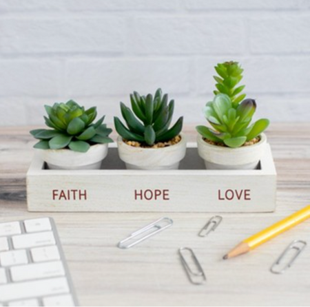 Faith, Hope and Love Faux Succulent Planter with Tray, Set of 3