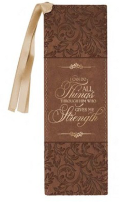 All Things Through Christ Faux Leather Bookmark, Brown