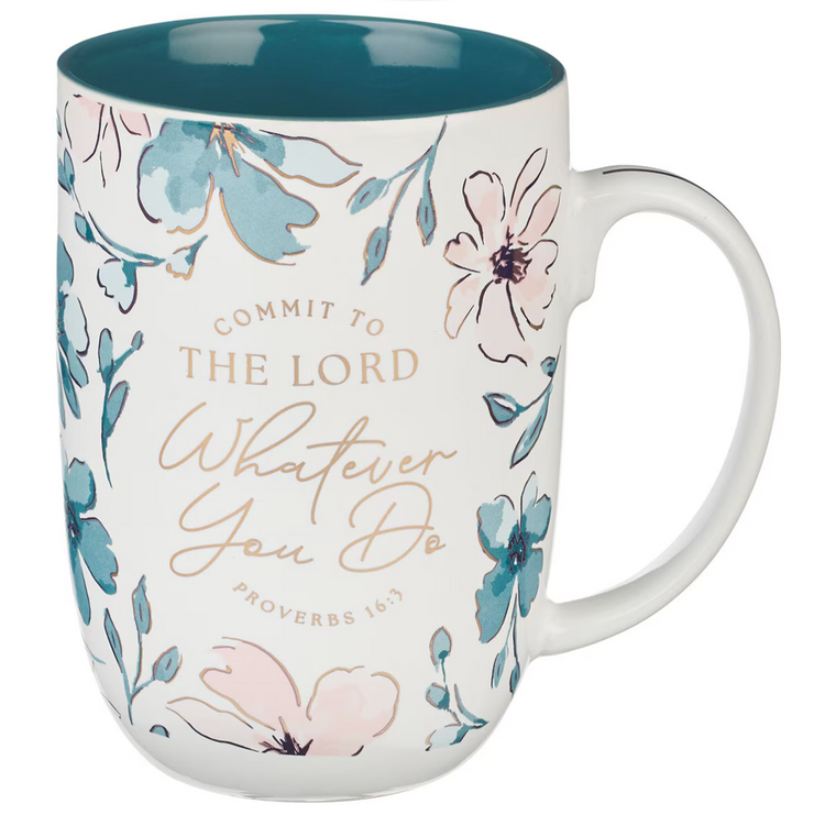 Whatever You Do Teal Floral Ceramic Coffee Mug - Proverbs 16:3