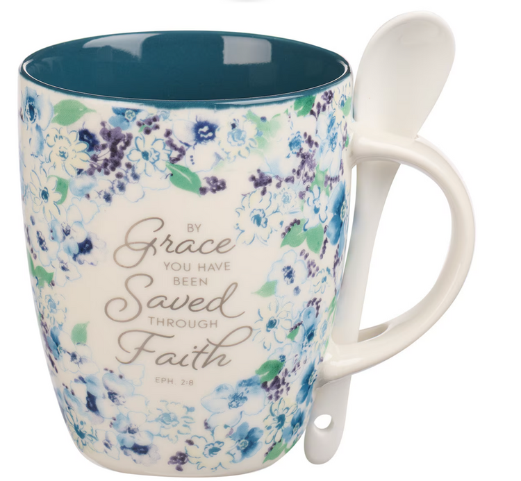 Saved by Grace Blue Floral Ceramic Coffee Mug with Spoon - Ephesians 2:8