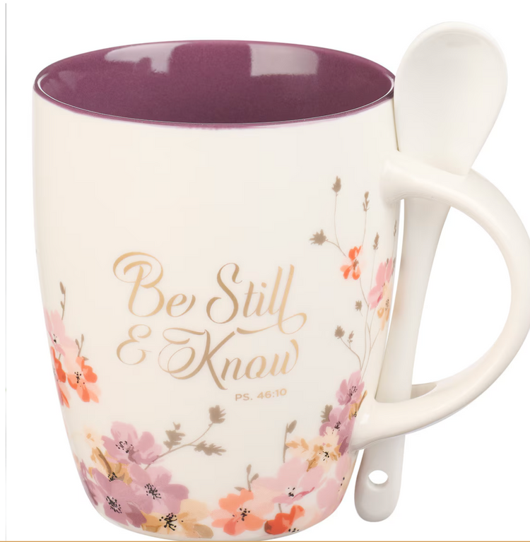 Be Still & Know Purple Floral Ceramic Coffee Mug with Spoon - Psalm 46:10