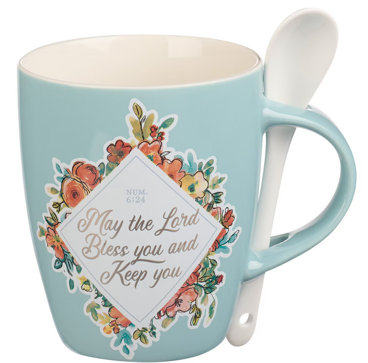 Bless You and Keep You Teal Ceramic Coffee Mug with Spoon - Numbers 6:24
